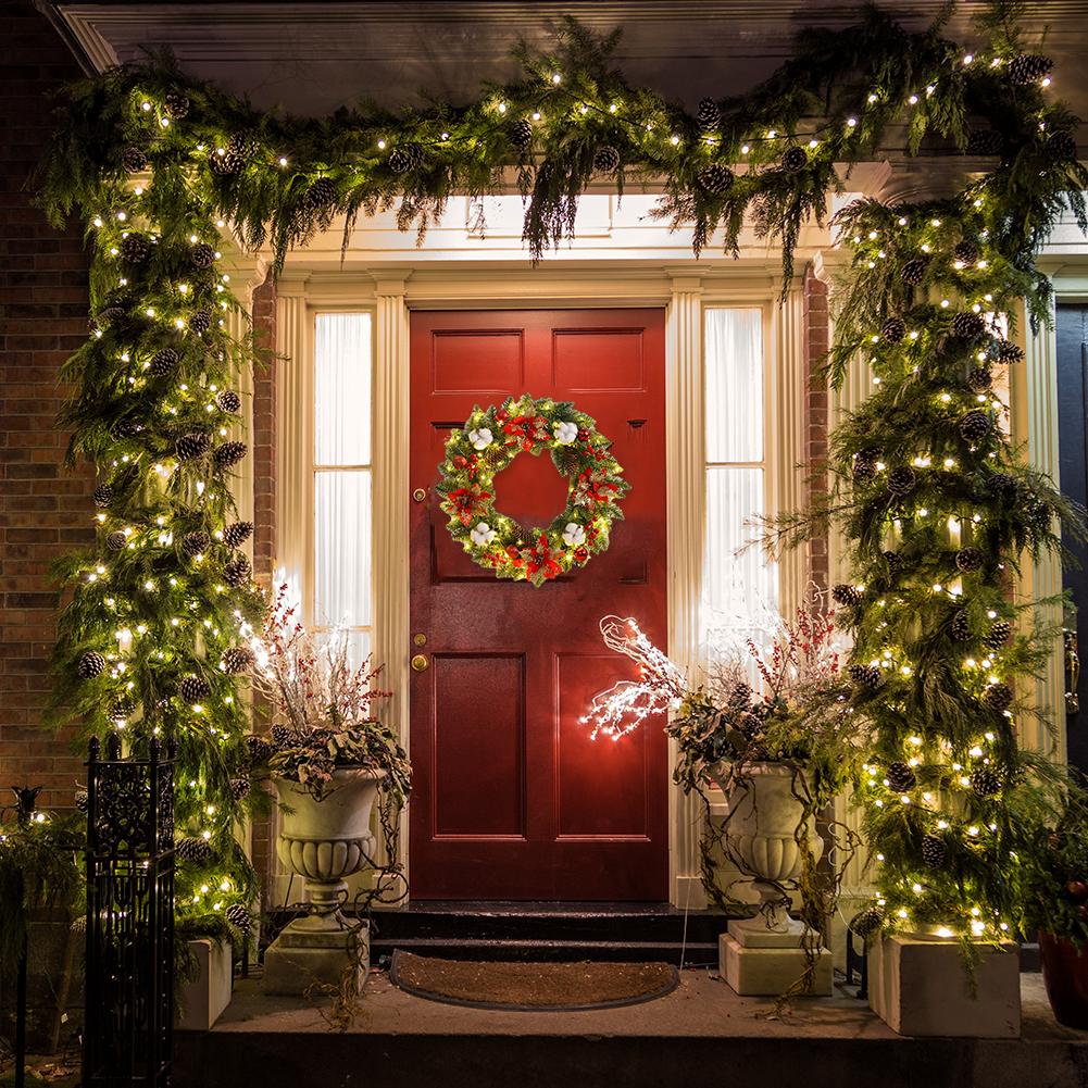 Artificial Christmas Wreath Branch with Light Home Rattan Golden Garland For Door Hanging Wall Outdoor Christmas Ornament Decor