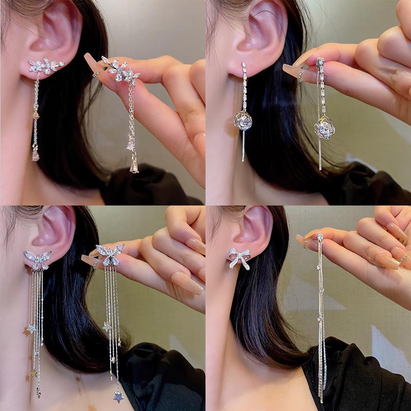 Zircon Bow Tassel Earrings: 925 Silver, Trendy, Versatile, Light Luxury