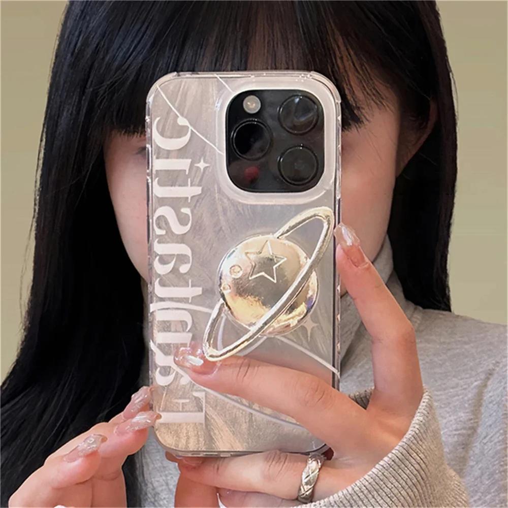 3D Silver Planet Love Heart Mirror Metal Bracket Phone Grip Tok Holder For iPhone Accessories Finger Ring Stand Gift