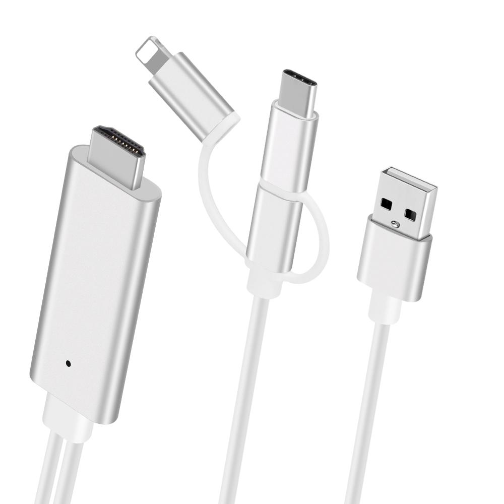 3-in-1 Lightning/Type-C/Micro USB To HDMI HD Adapter Cable for iOS and Android Devices Mirroring Screen To TV/Projector/Monitor