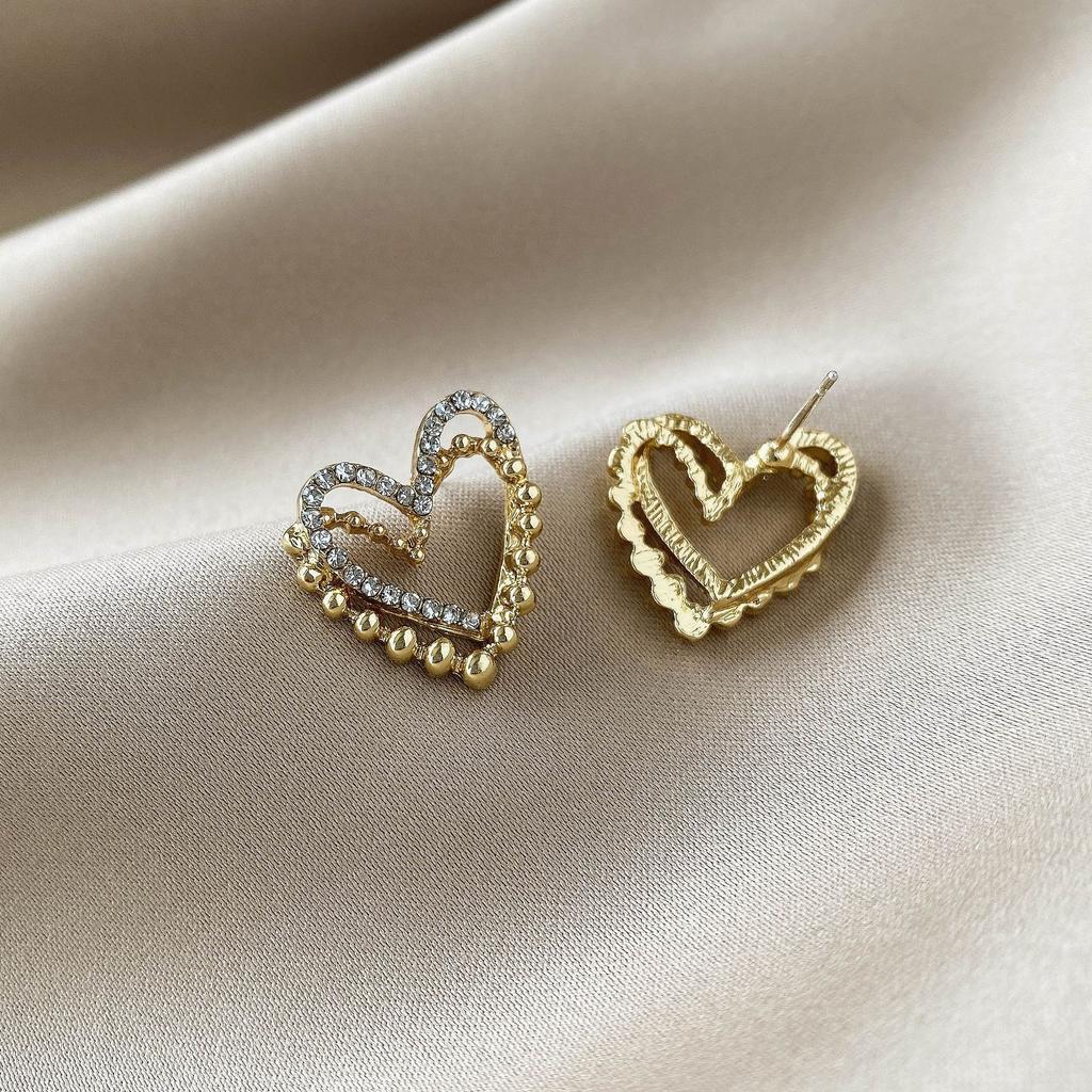 Double-Layer Simple Love Diamond Stud Earrings Trendy Small Temperament Earrings Earrings