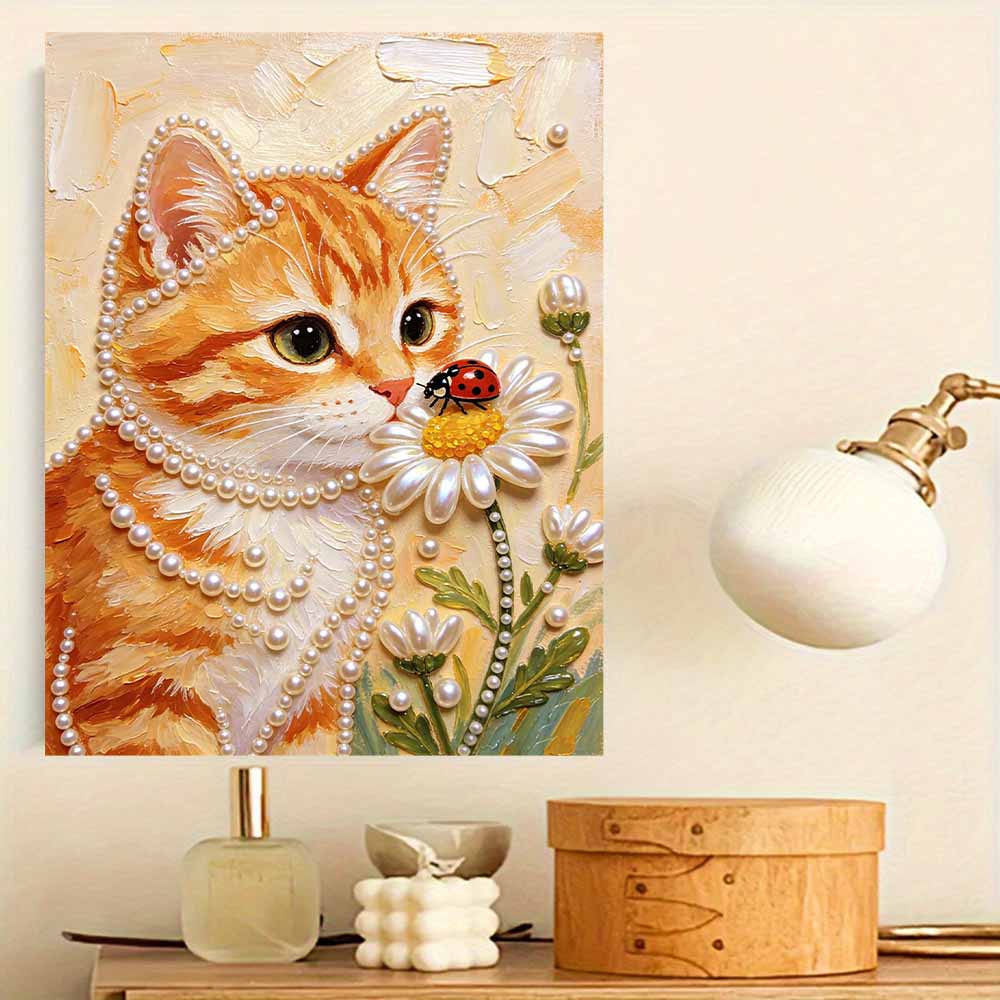 Frameless Pearl Painting Kit Cute Cat Pattern DIY 3D Bead Art Canvas Relaxing Handmade Craft for Adults Home Decor