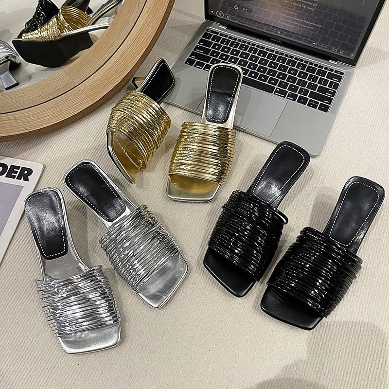 Fashion Square Head Open Toe Thin with Gold Flip-flops Women Wear Summer New High Heels Half Drag Fairy Wind Flip-flops