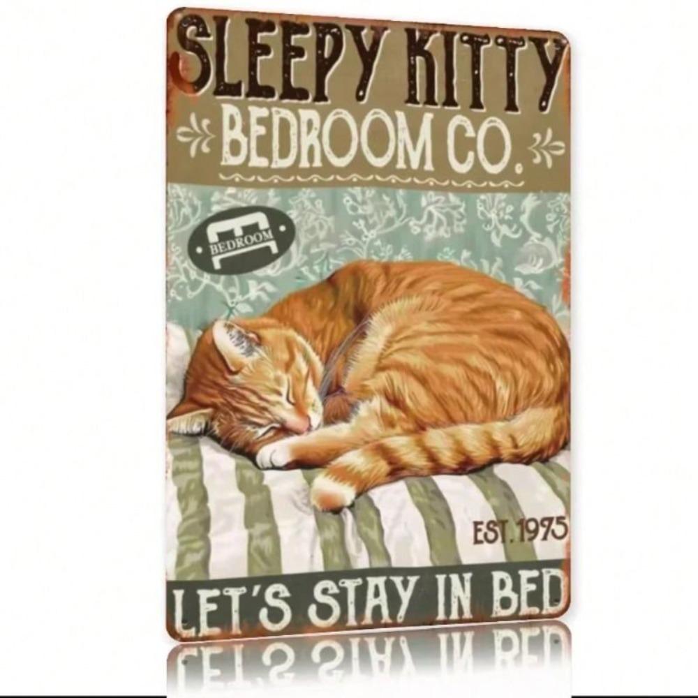 Vintage Metal Tin Sign Sleeping Cat Wall Decor Retro Iron Poster for Living Room