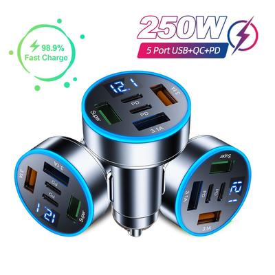 250W nabíjačka do auta Adaptér rýchleho nabíjania 5v1 3USB + 2PD QC3.0 nabíjačka do auta s monitorom napätia pre smartfóny