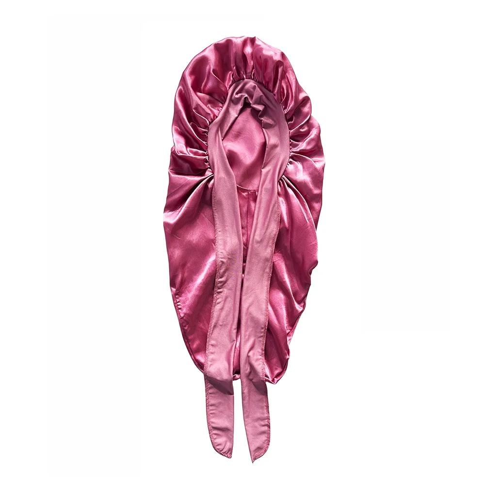 

М’який шовковистий довгий атласний капелюшок для натурального та кучерявого волосся Шапочка надзвичайно великого розміру із зав’язкою для комфортного нічного сну 1 шт. рожевий