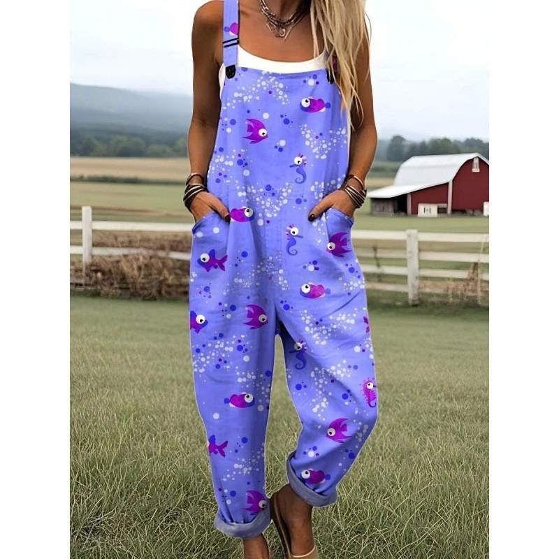 Womens Sleeveless Jumpsuit With Vintage Print Loose Fit Streetwear Style 2026