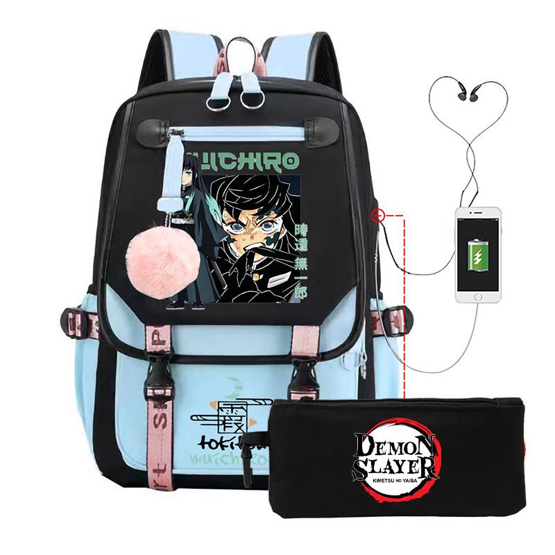 Casual Korean version schoolbag ghost extermination animation two-dimensional trend boys and girls USB backpack two-piece set