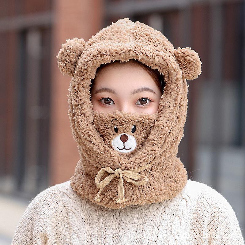 New Autumn and Winter Bear Hat Scarf Hat Cycling Windproof Warm Ear Protection Lamb Wool Mask Scarf Integrated