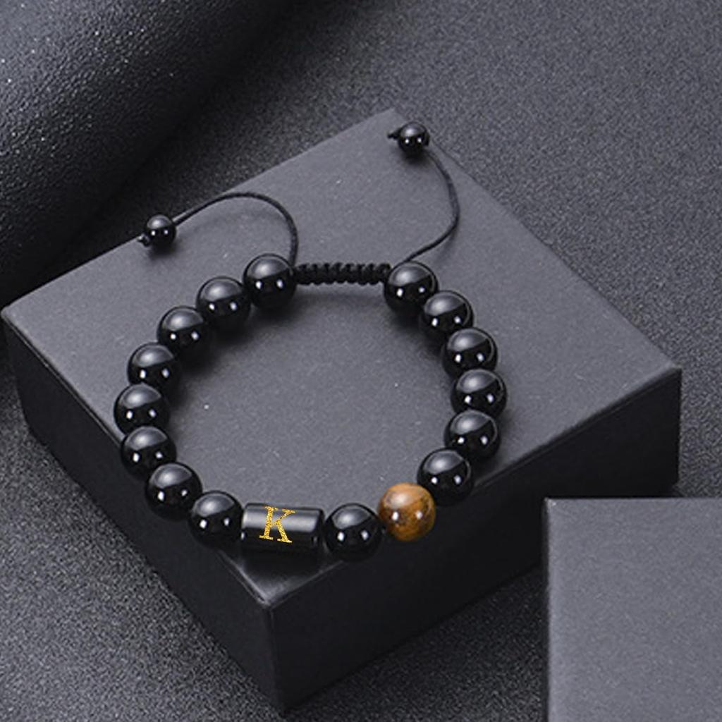 Initialenarmbänder für Männer Buchstabenarmband Natürliches Tigerauge Schwarzer Onyx Perlenarmband Handgefertigter Schmuck Geschenk für Männer