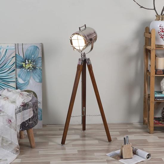 93.98 cm Wooden Tripod Nickel Spotlight Lamp Industrial Nautical Searchlight for Home, Office, Livingroom, Bedroom, Diningroom Decor