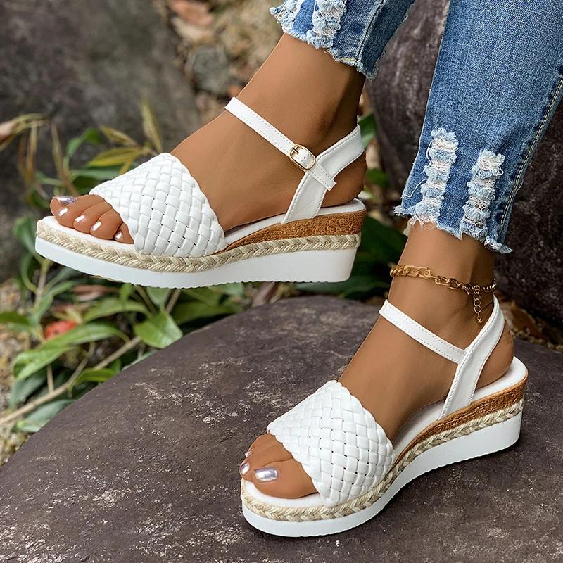 Fashion Women Shoes White Woven Straps Wedges Sandals Women Summer Plus Size Platform Gladiator Sandals Woman Ankle Buckle Beach Sandles
