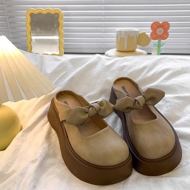 French bow bag head half slippers women's outer wear 2025 new spring thick bottom with skirt Mary Jane cool slippers