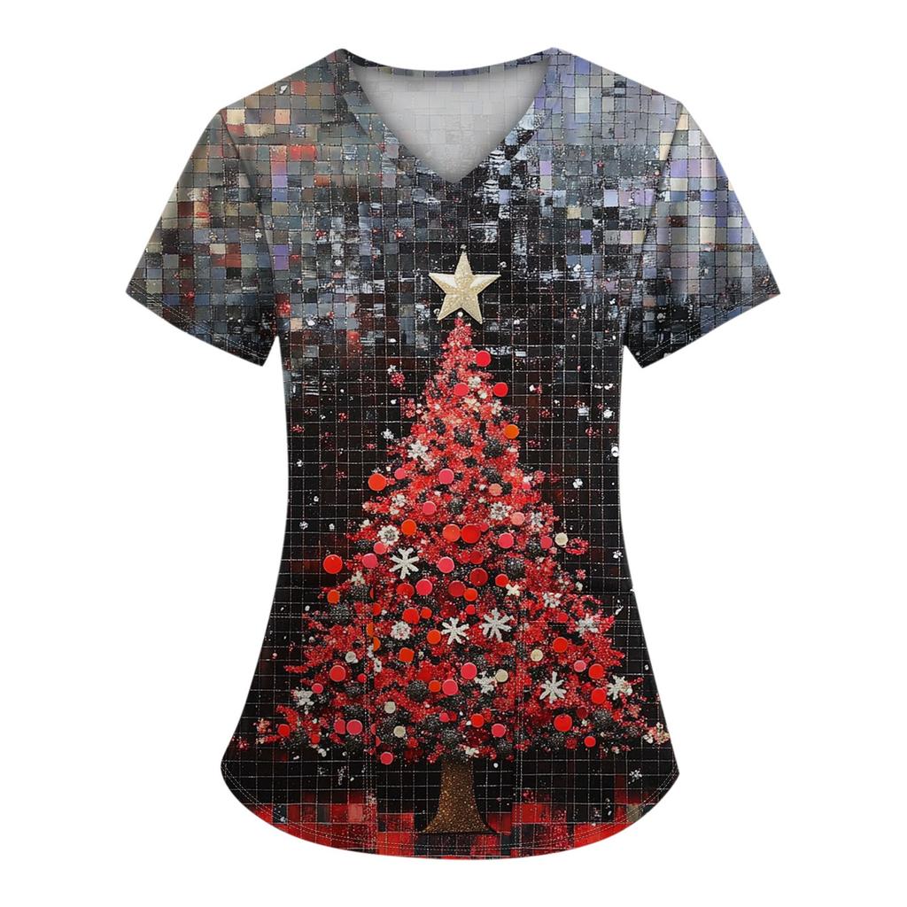 Women's Short Sleeve Christmas Printed V-Neck Pocket Uniform Top