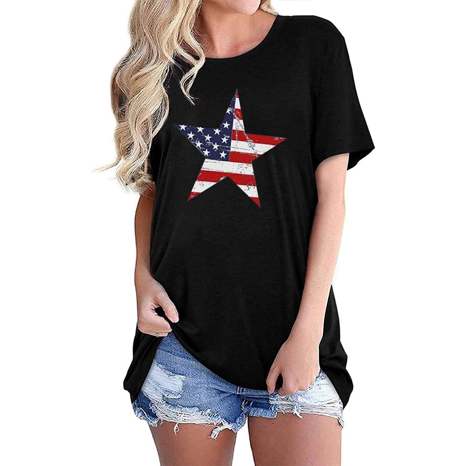 

Women Casual Independence Day Printing Round Neck Loose Tops T-shirt Blouse XXL чёрный