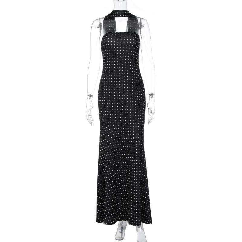 Women European Style Polka Dot Ribbon Strapless High Waist Slim Sexy Dress