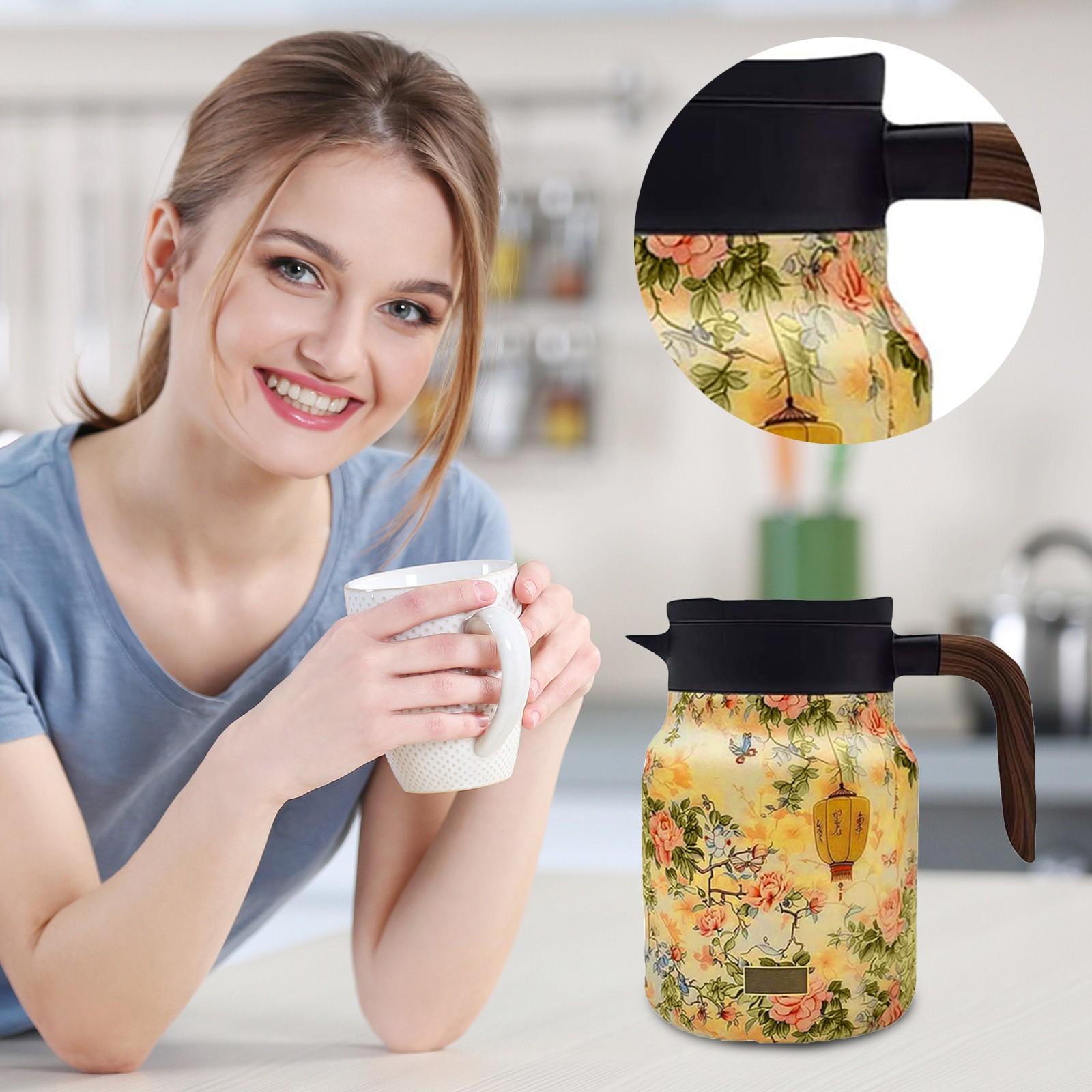 

1000 мл Ретро Чайник с Цветочным Узором Нержавеющая Сталь Изолированный Чайник с Инфузором Чайник с Термоизоляцией для Чая с Деревянной Ручкой розовый