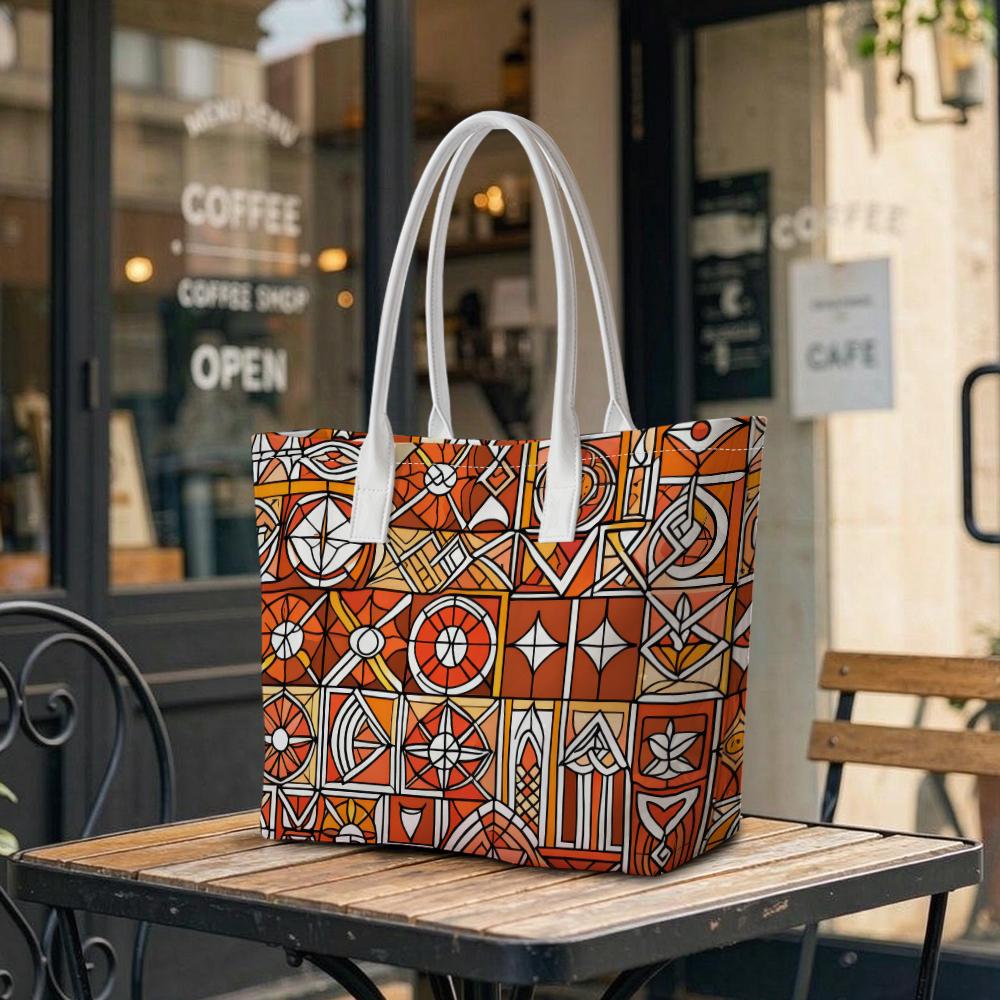 Geometric Print Tote Bag Retro Casual Large Capacity Daily Shoulder Handbag Portable Shopping Purse