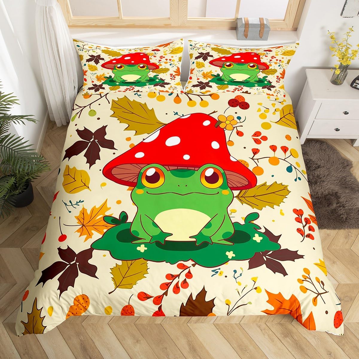 

Кавайный пододеяльник с принтом лягушек, пододеяльник с лягушками и грибами, ботанический грибной комплект постельного белья размера твин/полуторный, квин для комнаты девочки-подростка EU Single(135x200cm)