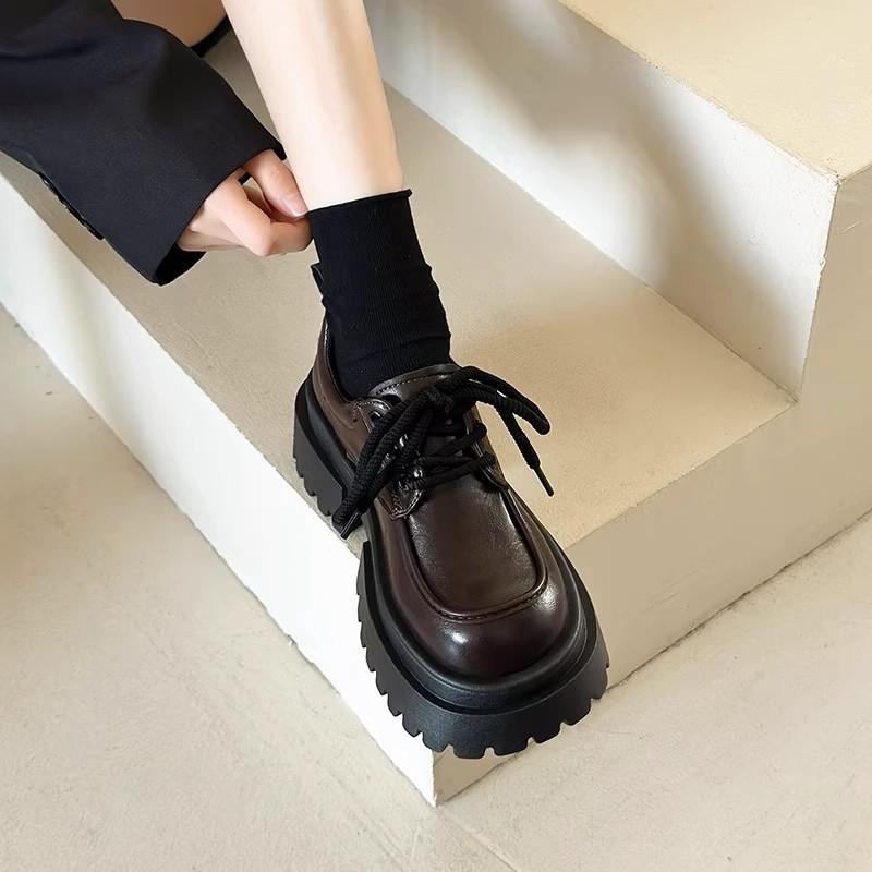 Cowhide Version~ Platform Leather Small Leather Shoes Women's British Style Retro Height-increasing Muffin Shoes Thick Heel Loafer Single Shoes Wom