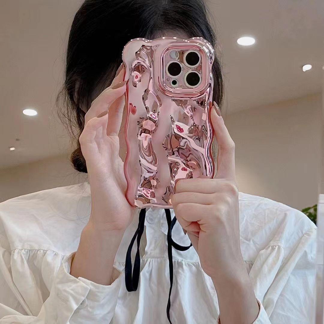 

Чохол для телефону з розкішним покриттям від зморшок з хвилястими кучерявими краями для iPhone 15 12 13 14 ProMax 3D Нерівності М’яка захисна кришка для камери з гальванічним покриттям Bubble Wave iPhone13 рожевий