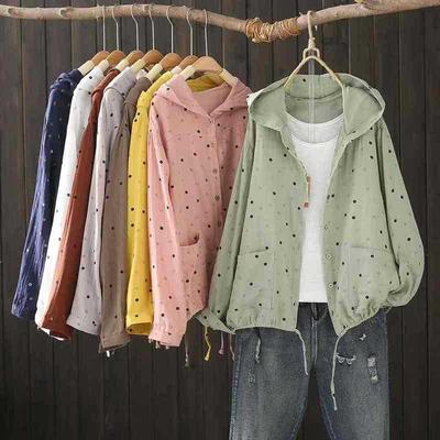 Moletons com Estampa de Bolinhas Vintage para Mulheres, Camisas Cardigan com Capuz de Algodão de Dupla Camada, Mangas Longas