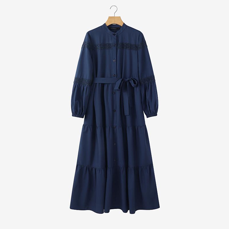 

ZANZEA Женское повседневное платье с круглым вырезом, длинными рукавами, свободного кроя, с кружевной вставкой, длинное 4XL тёмно-синий