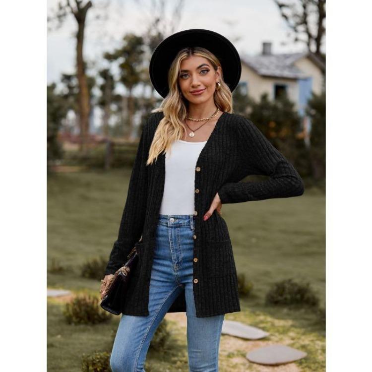 Damen Strickjacke Pullover Langarm Einfarbig Gestreift Gestrickt Herbst Winter Mode