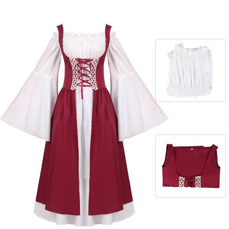 Medieval Women Victorian Long Red White Dress High Waist Design Parties Cosplay