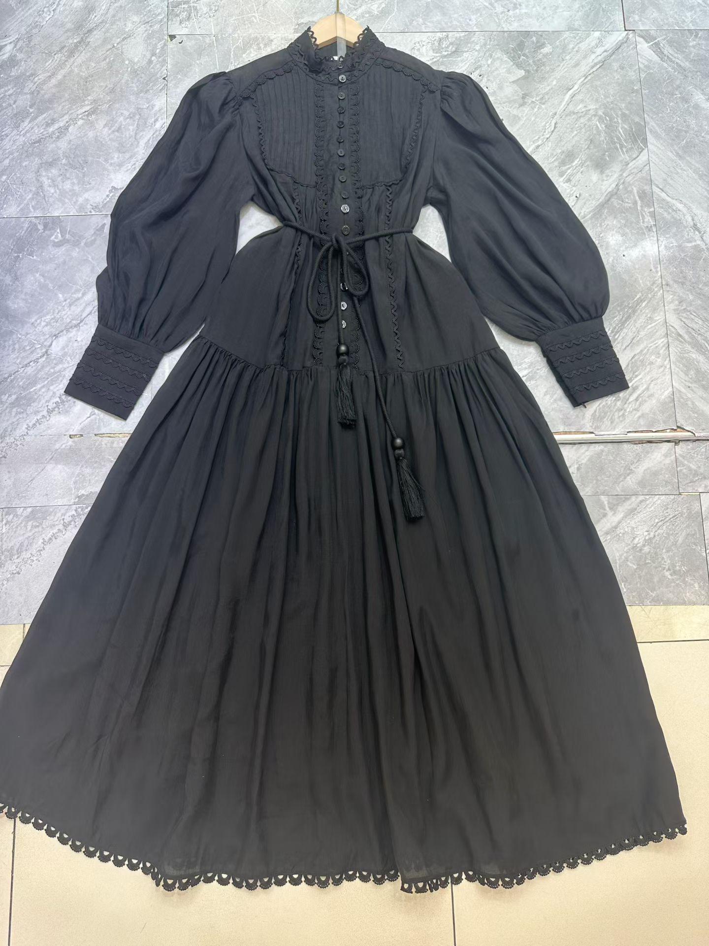 Early Autumn French Elegance Lace-Up Dress with Embroidered Crochet Lace Patchwork M чёрный