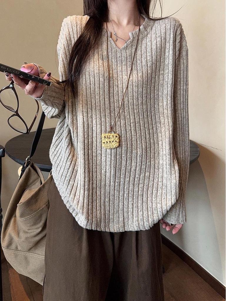 Women's Long-Sleeve Textured Brushed T-Shirt, New Spring/Autumn Korean Style, Loose Fit Versatile Base Layer Top