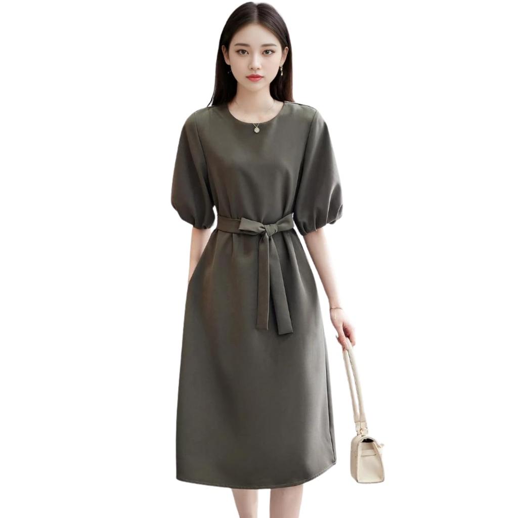 J-Scott Puff Sleeve Dress with Sash Belt, Midi Length, 3/4 Sleeves, Round Neck, I-Line, Beautiful Green Gray, JS82-GY-M