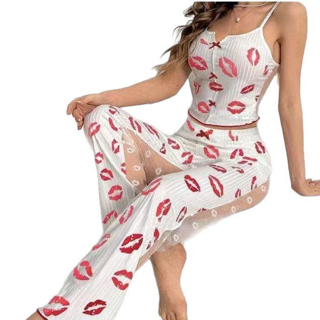 Set de pijama european și american cu imprimeu plasă: Pijama de casă din două piese pentru femei