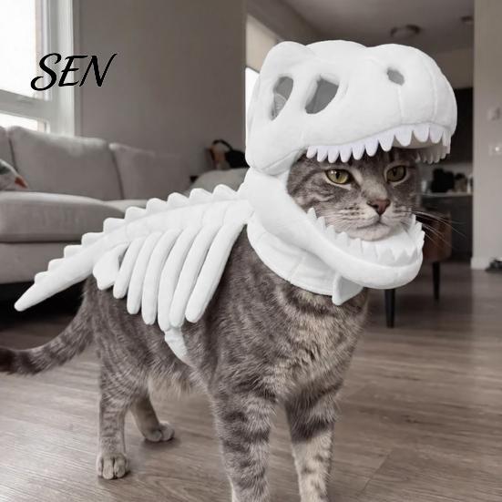 Haustier Süßes oder Saures Outfit Dinosaurier Skelett Kostüm, Weicher Plüsch T-Rex Halloween Leuchtendes Knochenzahnrad Outfit, Lustige Cosplay Kleidung für Katzen