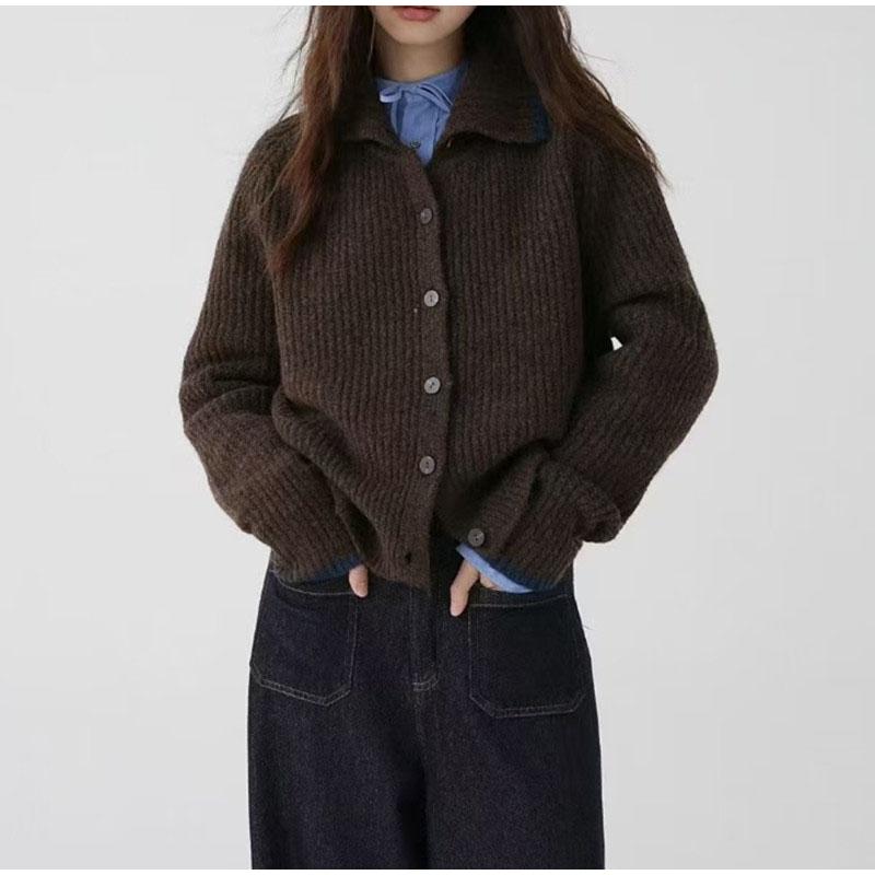 Contrast Knitted Cardigan Women Elegant Stand Collar Thicken Long Sleeve Single Breasted Lady Jumper 2025 Spring New Knitwear