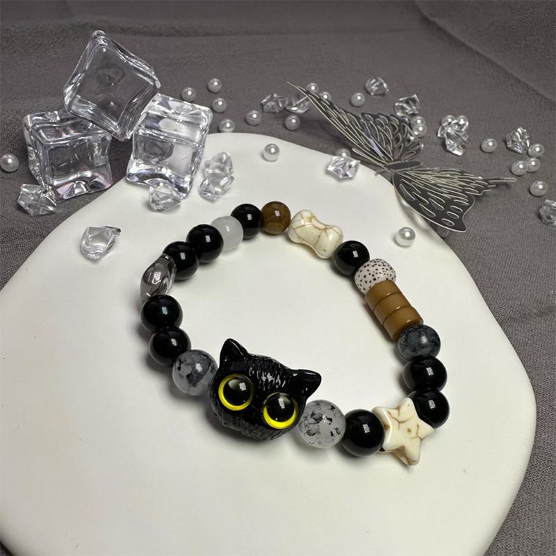 Cute Black Cat Beaded Bracelet For Women Men Black White Beads Cartoon Animal Couple Bracelet Trendy Jewelry Lovers Gift
