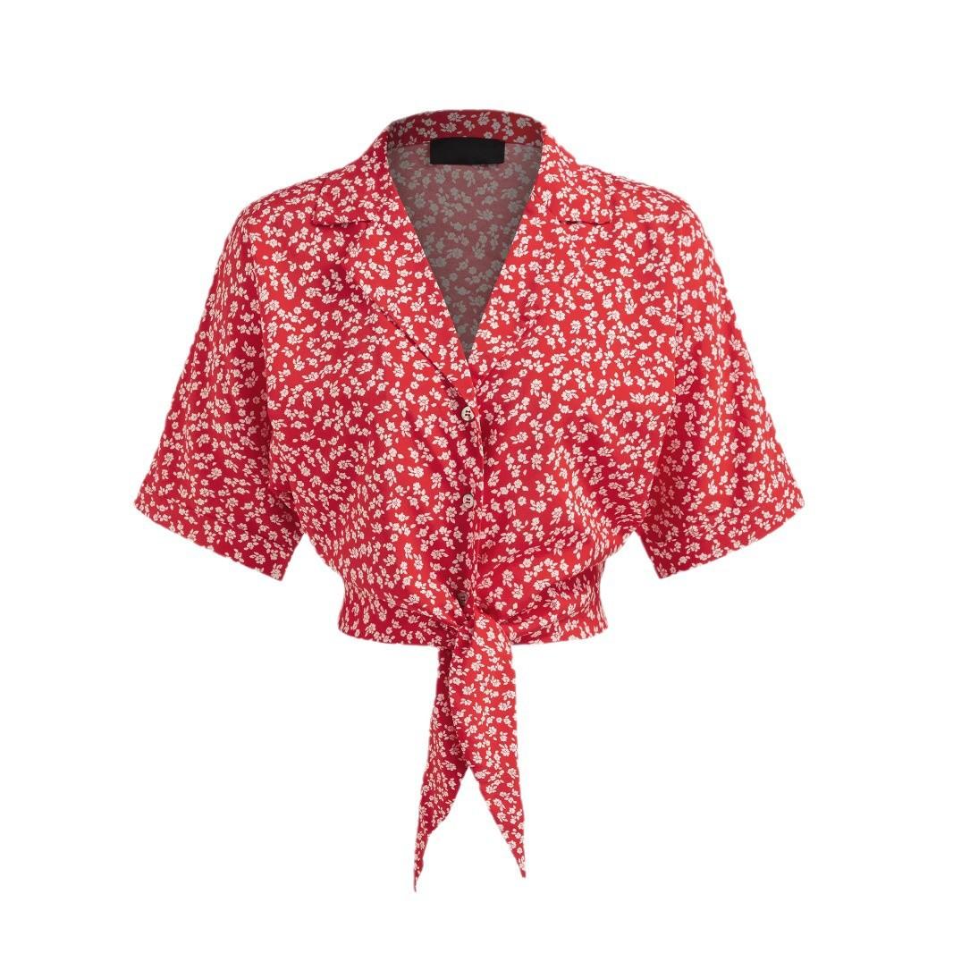 Women S Red Floral Short Sleeve Tie Front Blazer Collar Shirt S