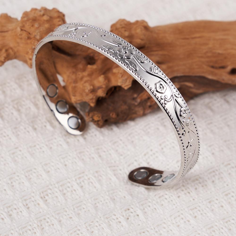 Temu Plum Blossom Magnetic Bracelet & Vintage Flower Ring Set - Adjustable Antique Red Copper for Men & Women
