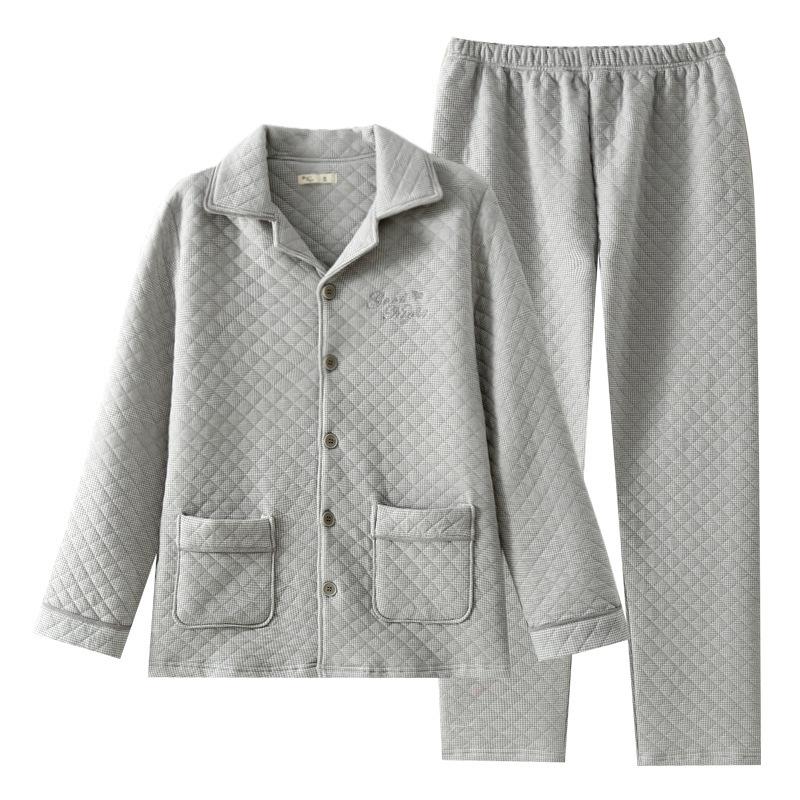 Men's Embroidered Quilted Pajamas - Three-Layer Air Cotton, Long-Sleeved, Warm, Autumn/Winter Wear