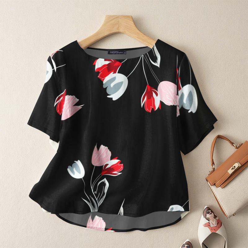 

ZANZEA Женская повседневная блузка с круглым вырезом, цветочным принтом и коротким рукавом S чёрный