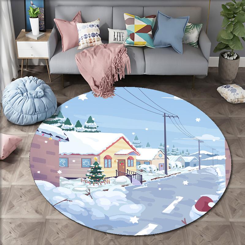 Cartoon Christmas Carpet Round Carpet Santa Claus Sofa Carpet Home Living Room Bedroom Bathroom Printed Decorative Carpet