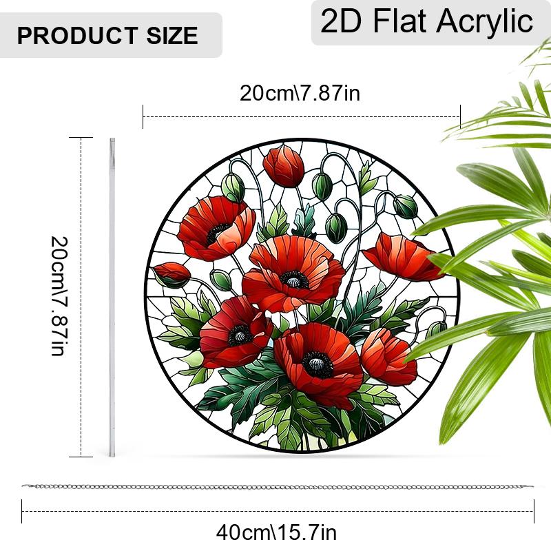 Acrylic Red Poppy Flowers Suncatcher, Stained Glass Style Window Hanging Ornament for Garden and Floral Art Lovers