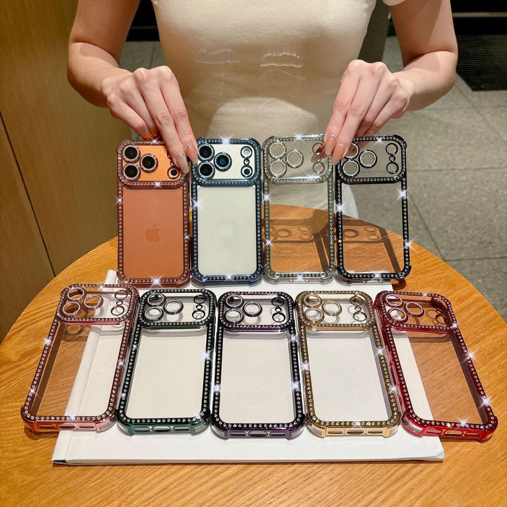 Apple 17 Pro Max Four-Corner Airbag Anti-Drop Instant Case for iPhone 16 with Rhinestone Glitter and Lens Film