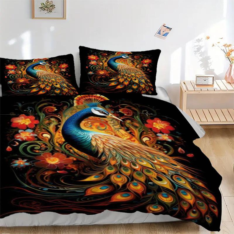 3pcs Peacock, Floral Duvet Cover Set -Includes 1 Duvet Cover and 2 Pillowcases, No Quilt Core, All-Season Home Decor  yy251111101