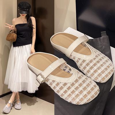 French Beautiful Flat Bottom Mesh Breathable Bag Head Half Slippers Women's Summer Wear 2025 New Fishing Net Shoes Sandals Single Shoes