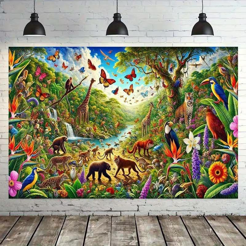 Whimsical Jungle Tapestry, Bright and Lively Rainforest with Exotic Animals, Waterfalls and Blooms, Playful Safari Wall Art