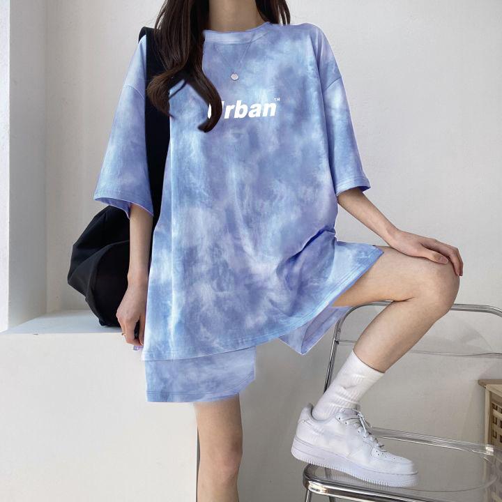 

Women T-Shirt Shorts Suit Set Casual Tie Dye Loose T-shirt and Wide Leg Middle Shorts with Pockets Female Soft Summer Shorts Sets L небо синє кольору