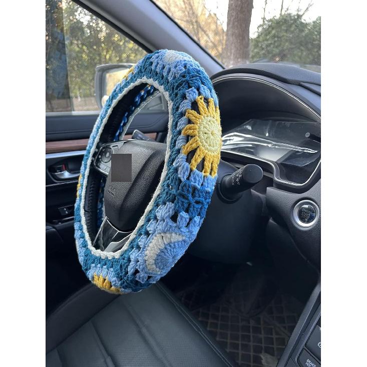 Handmade Crochet Sun and Moon Car Steering Wheel Covers Universal 14-15 inch for Women and Men (Steering Wheel Cover)