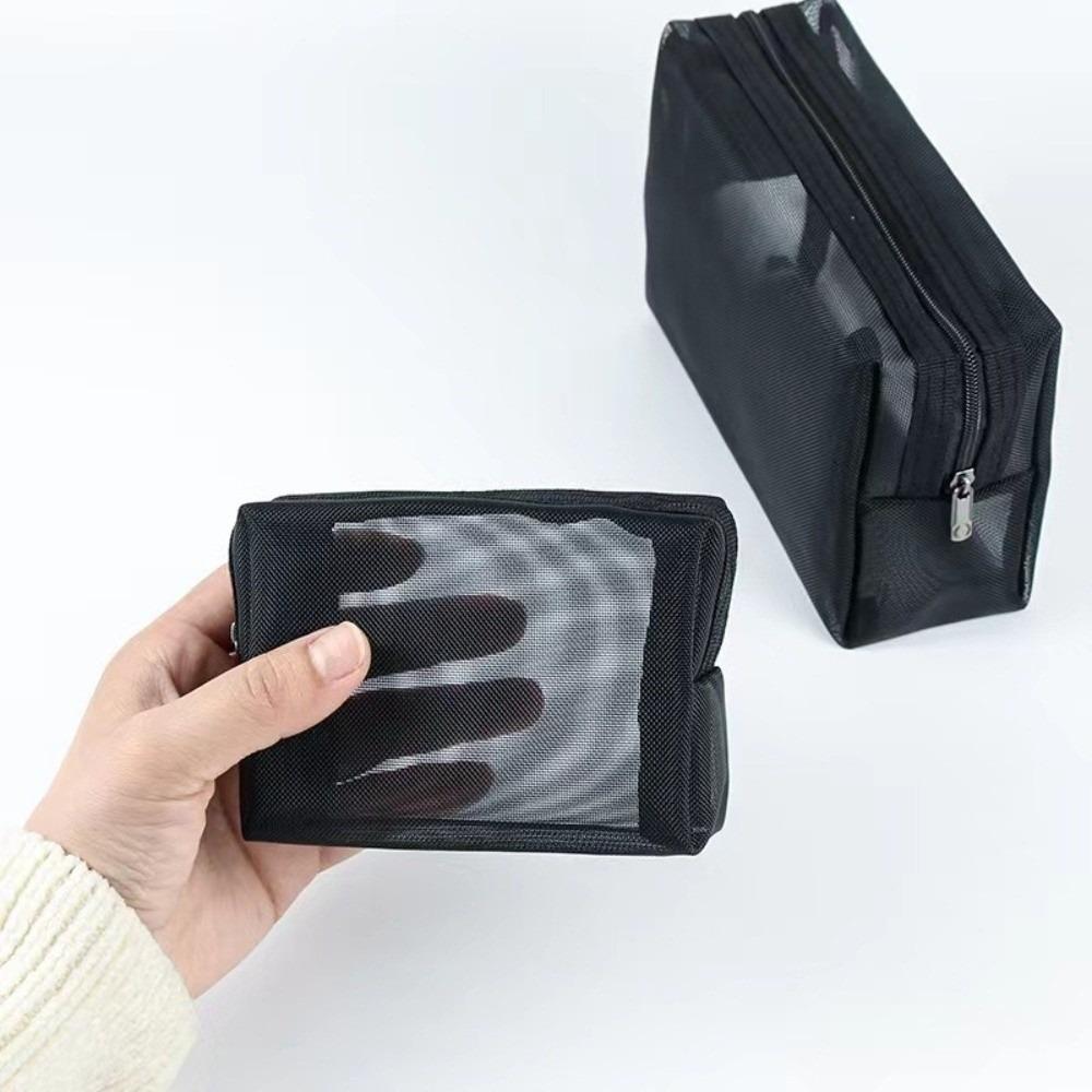 New Black Mesh Cosmetic Bag Zipper Closure Portable Makeup Bag Clear Mesh Multi-functional Toiletry Bag Travel Use