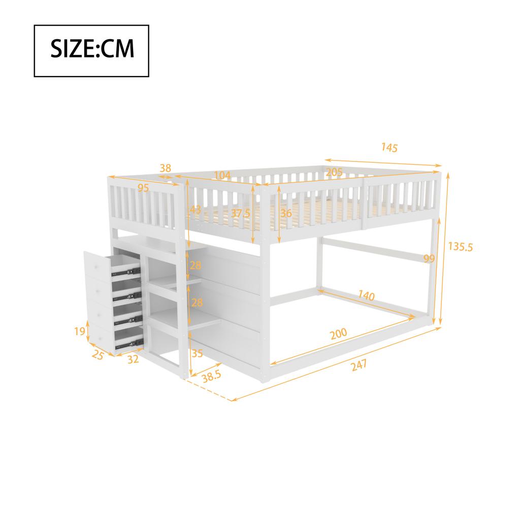 Low Bunk Bed 140 X 200 Cm, Safety Bunk Bed with Storage Compartment, High Fence Design, Wooden Bed, White
